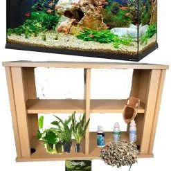 FERPLAST Acquario Dubai 120 Led Nero Con Allestimento Dolce + Supporto Wood 120x40x67.5 Cm